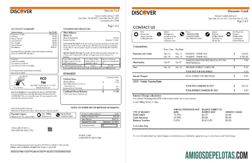 Modelo realista de extrato de cartão de crédito bancário Discover Bank dos EUA em formato Word e PDF (2 páginas)